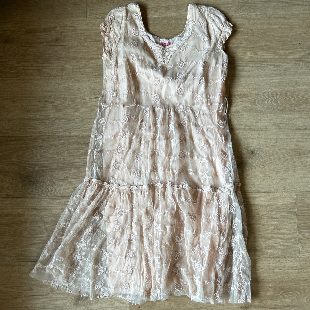 DownEast Basics White Peach Lace Floral Embroidered Tiered Midi Dress Womens